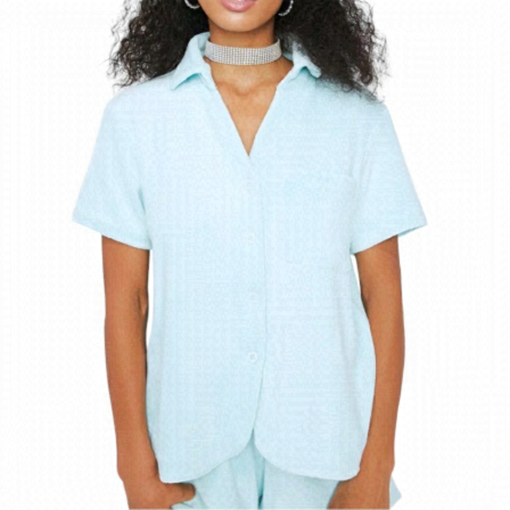 Frankies Bikinis Coco Terry Button Up Top Short Sleeves Collared Sky Blue Medium